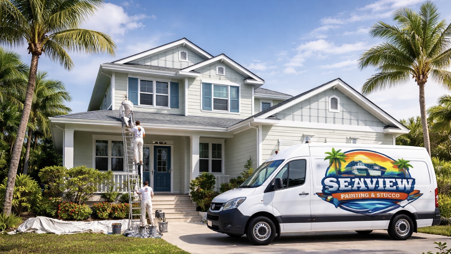 Professional painting crew working on Florida coastal home exterior